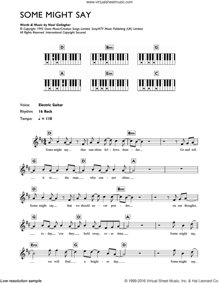 Some Might Say sheet music for piano solo (chords, lyrics, melody) by Oasis and Noel Gallagher, intermediate piano (chords, lyrics, melody)