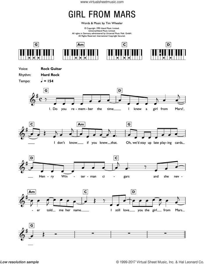 Girl From Mars sheet music for piano solo (chords, lyrics, melody) by Tim Wheeler, intermediate piano (chords, lyrics, melody)
