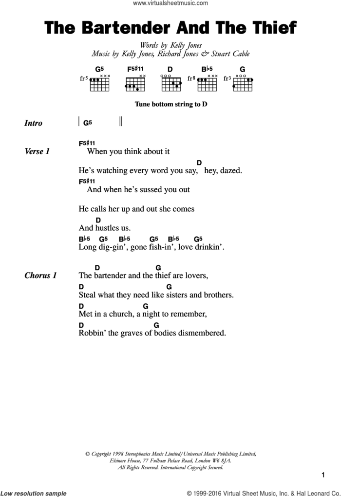 The Bartender And The Thief sheet music for guitar (chords) by Stereophonics, Kelly Jones, Richard Jones and Stuart Cable, intermediate skill level