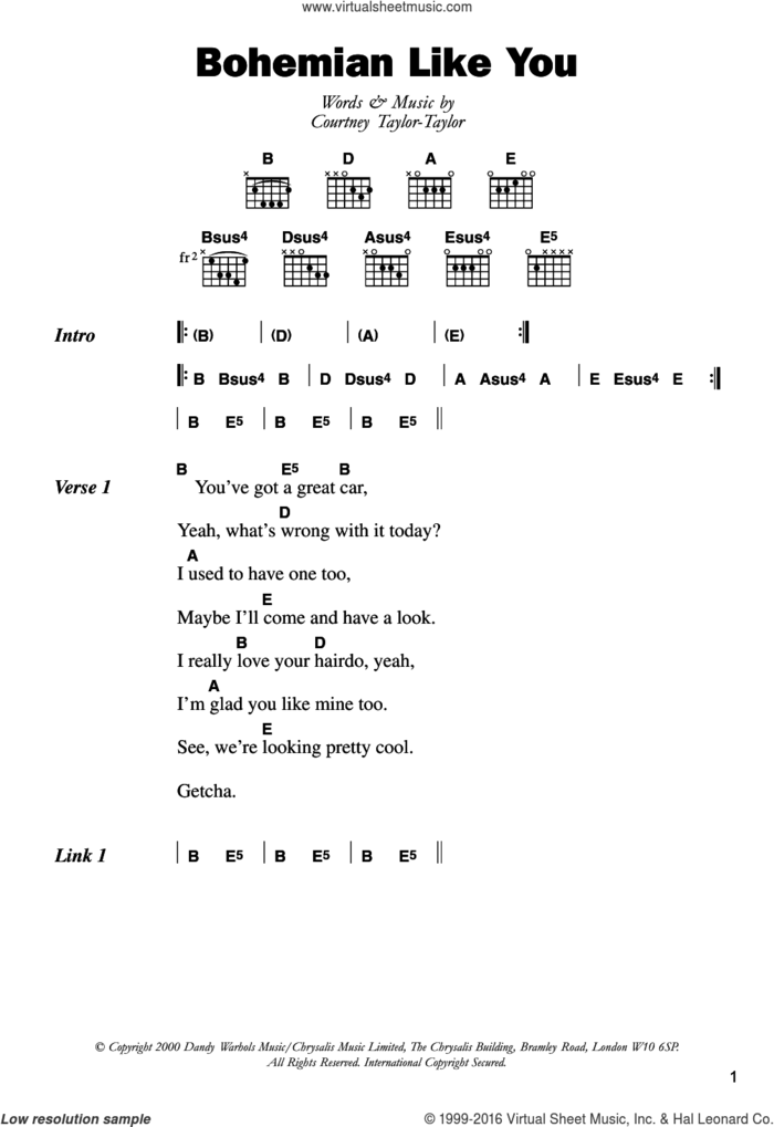 Bohemian Like You sheet music for guitar (chords) by The Dandy Warhols and Courtney Taylor-Taylor, intermediate skill level