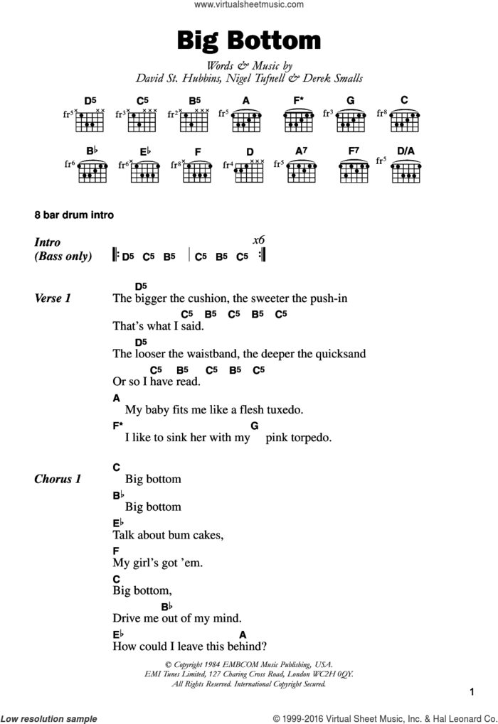 Big Bottom sheet music for guitar (chords) by Spinal Tap, David St. Hubbins, Derek Smalls and Nigel Tufnell, intermediate skill level