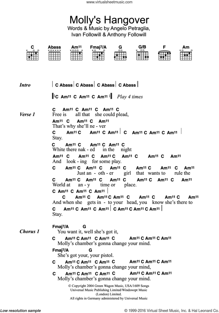 Molly's Hangover sheet music for guitar (chords) by Kings Of Leon, Angelo Petraglia, Anthony Followill and Ivan Followill, intermediate skill level