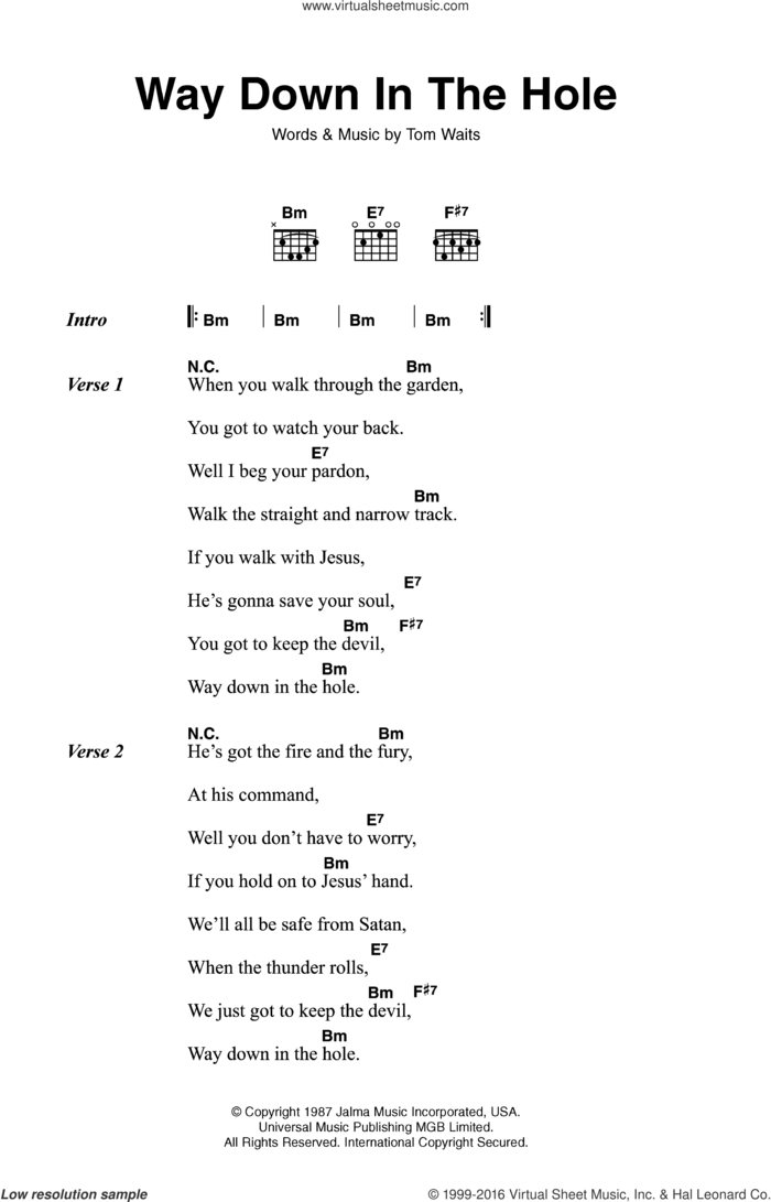 Way Down In The Hole sheet music for guitar (chords) by Tom Waits, intermediate skill level