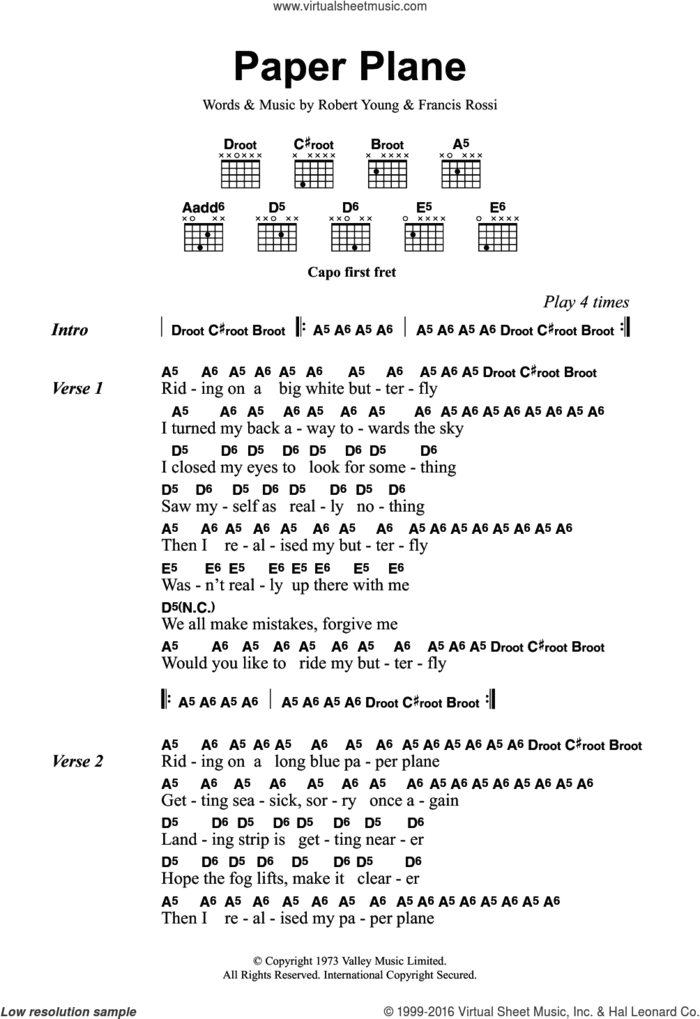 Paper Plane sheet music for guitar (chords) by Status Quo, Francis Rossi and Robert Young, intermediate skill level