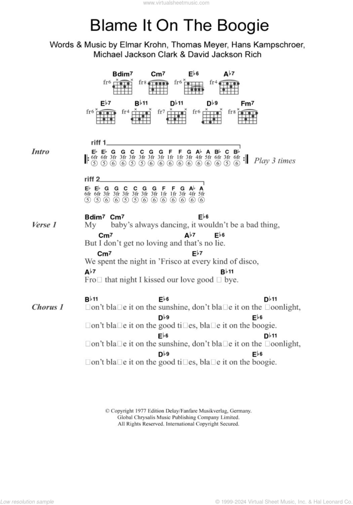 Blame It On The Boogie sheet music for guitar (chords) by The Jackson 5, David Jackson Rich, Elmar Krohn, Hans Kampschroer, Michael Jackson Clark and Thomas Meyer, intermediate skill level