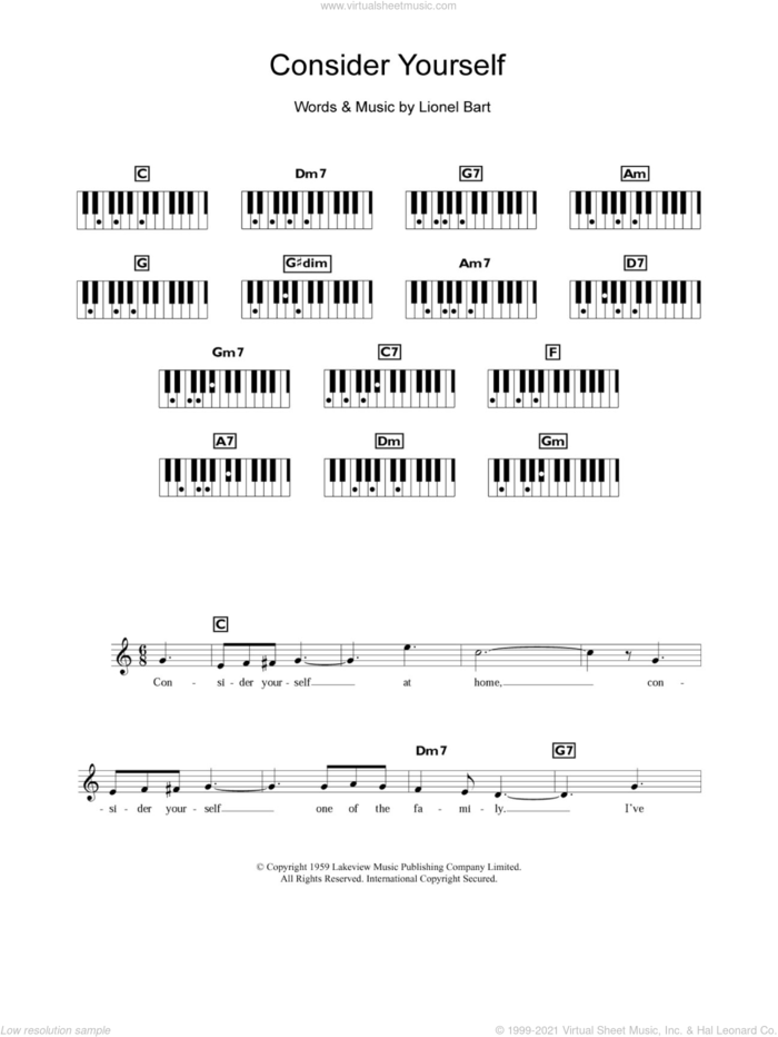 Consider Yourself (from Oliver!) sheet music for piano solo (chords, lyrics, melody) by Lionel Bart, intermediate piano (chords, lyrics, melody)