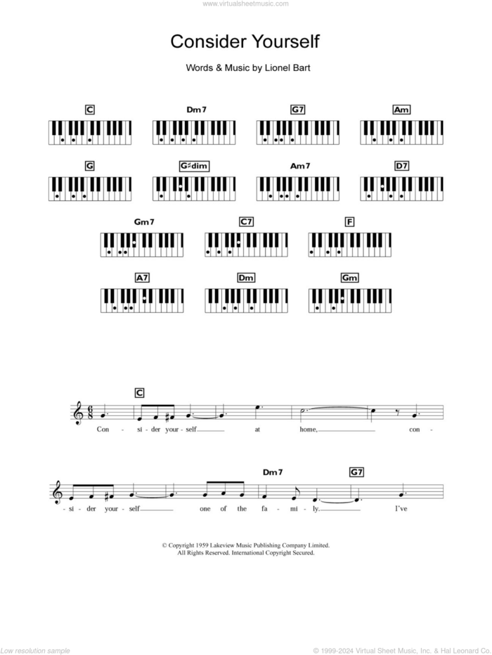 Consider Yourself (from Oliver!) sheet music for piano solo (chords, lyrics, melody) by Lionel Bart, intermediate piano (chords, lyrics, melody)