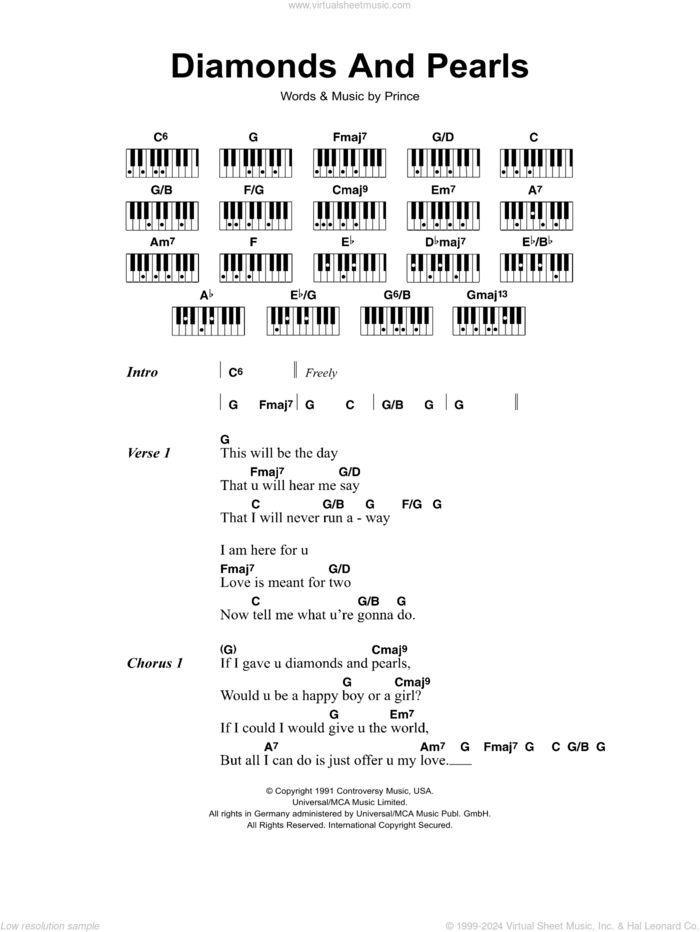 Diamonds And Pearls sheet music for piano solo (chords, lyrics, melody) by Prince, intermediate piano (chords, lyrics, melody)