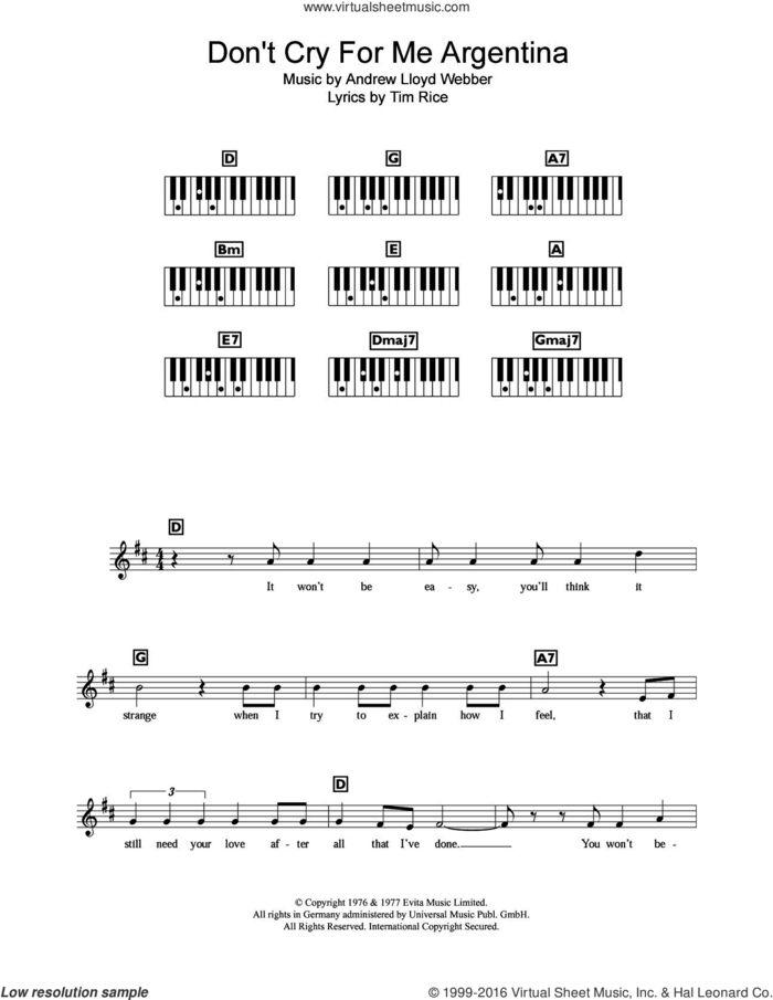 Don't Cry For Me Argentina (from Evita) sheet music for piano solo (chords, lyrics, melody) by Andrew Lloyd Webber and Tim Rice, intermediate piano (chords, lyrics, melody)