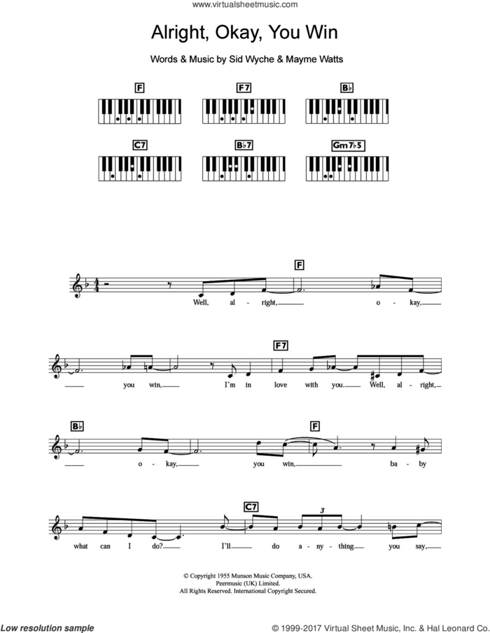 Alright, Okay, You Win sheet music for piano solo (chords, lyrics, melody) by Peggy Lee, Mayme Watts and Sid Wyche, intermediate piano (chords, lyrics, melody)