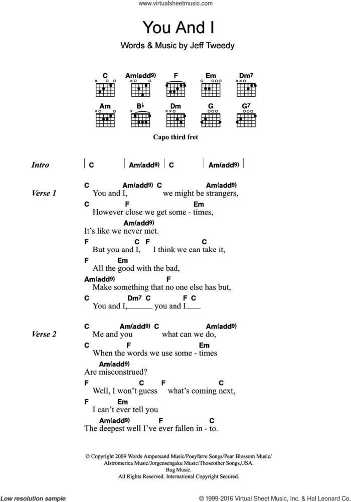 You And I (featuring Feist) sheet music for guitar (chords) by Wilco, Leslie Feist and Jeff Tweedy, intermediate skill level