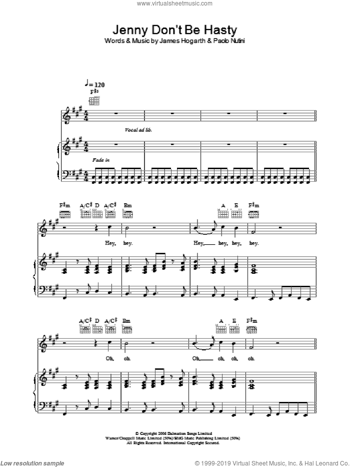 Jenny Don't Be Hasty sheet music for voice, piano or guitar by Paolo Nutini and James Hogarth, intermediate skill level