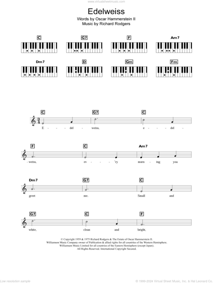 Edelweiss sheet music for piano solo (chords, lyrics, melody) by Rodgers & Hammerstein, Oscar II Hammerstein and Richard Rodgers, intermediate piano (chords, lyrics, melody)