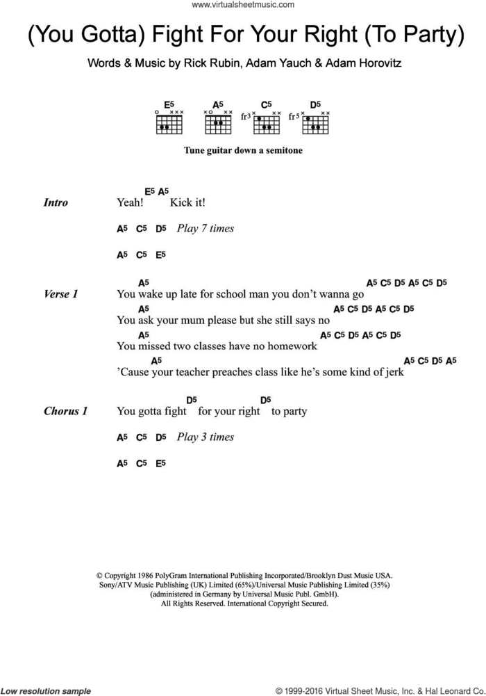 (You Gotta) Fight For Your Right (To Party) sheet music for guitar (chords) by Beastie Boys, Adam Horovitz, Adam Yauch and Rick Rubin, intermediate skill level