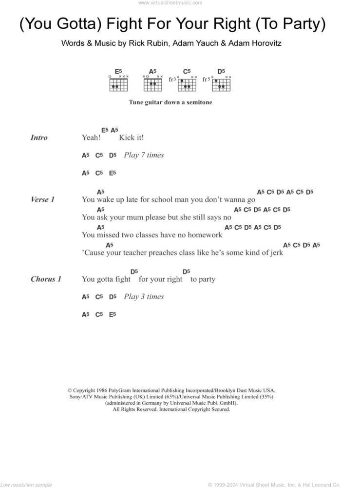 (You Gotta) Fight For Your Right (To Party) sheet music for guitar (chords) by Beastie Boys, Adam Horovitz, Adam Yauch and Rick Rubin, intermediate skill level