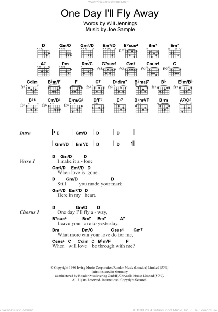 One Day I'll Fly Away sheet music for guitar (chords) by Randy Crawford, Nicole Kidman, Joe Sample and Will Jennings, intermediate skill level