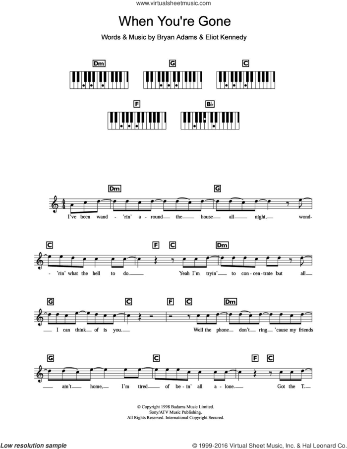 When You're Gone sheet music for piano solo (chords, lyrics, melody) by Bryan Adams, Chisholm Melanie and Eliot Kennedy, intermediate piano (chords, lyrics, melody)