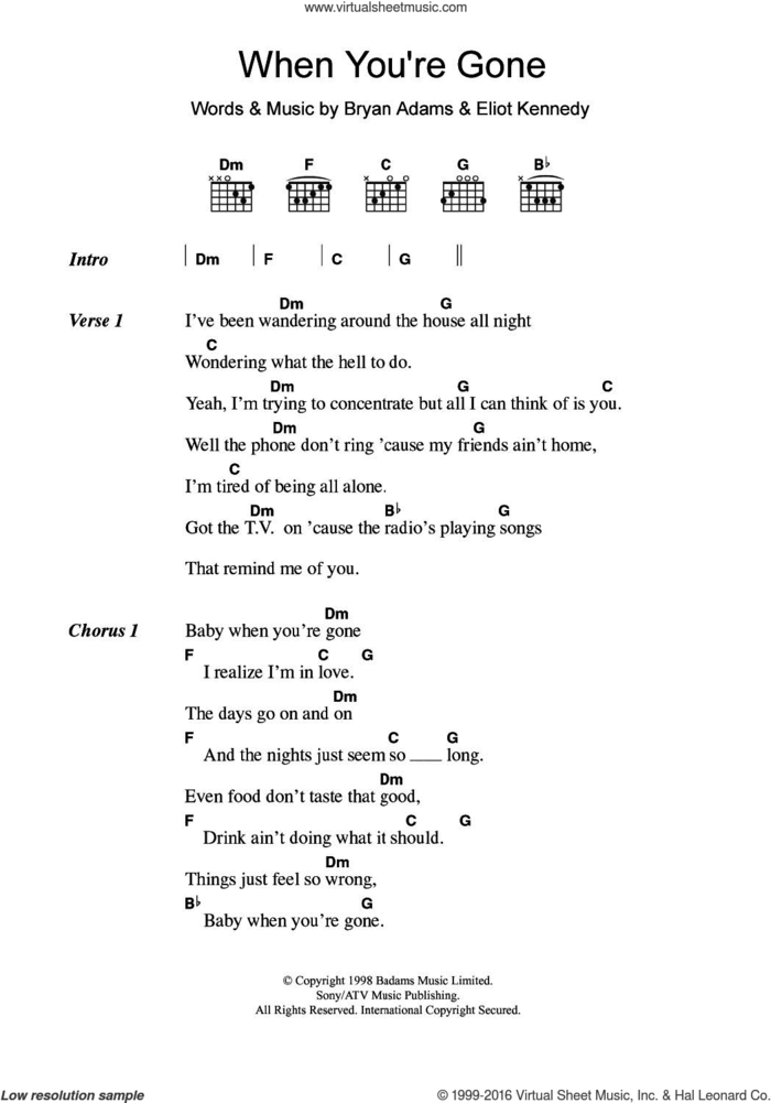 When You're Gone sheet music for guitar (chords) by Bryan Adams, Chisholm Melanie and Eliot Kennedy, intermediate skill level