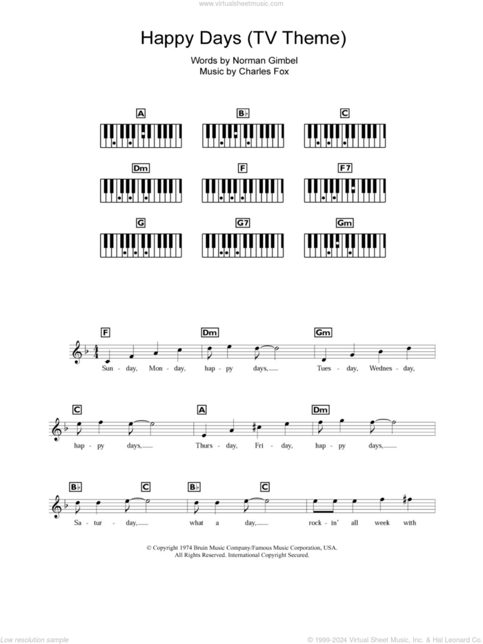 Happy Days (from the TV series) sheet music for piano solo (chords, lyrics, melody) by Charles Fox and Norman Gimbel, intermediate piano (chords, lyrics, melody)