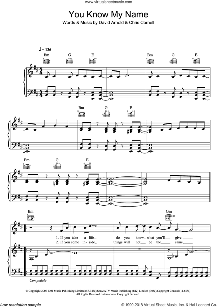 You Know My Name (theme from James Bond: Casino Royale) sheet music for voice, piano or guitar by Chris Cornell and David Arnold, intermediate skill level