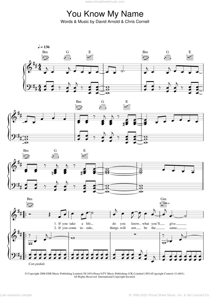 You Know My Name (theme from James Bond: Casino Royale) sheet music for voice, piano or guitar by Chris Cornell and David Arnold, intermediate skill level