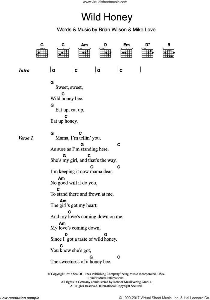 Wild Honey sheet music for guitar (chords) by The Beach Boys, Brian Wilson and Mike Love, intermediate skill level