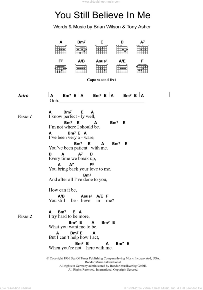 You Still Believe In Me sheet music for guitar (chords) by The Beach Boys, Brian Wilson and Tony Asher, intermediate skill level