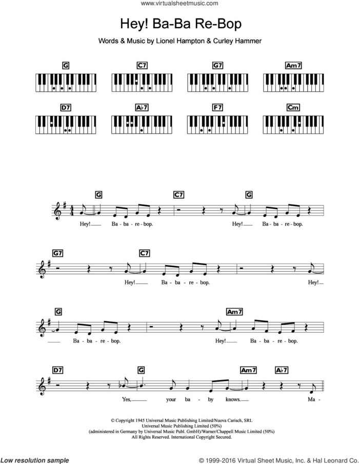 Hey! Ba-Ba-Re-Bop sheet music for piano solo (chords, lyrics, melody) by Lionel Hampton and Curley Hammer, intermediate piano (chords, lyrics, melody)