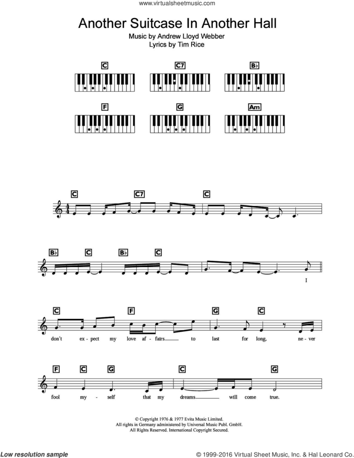 Another Suitcase In Another Hall (from Evita) sheet music for piano solo (chords, lyrics, melody) by Andrew Lloyd Webber, Madonna and Tim Rice, intermediate piano (chords, lyrics, melody)