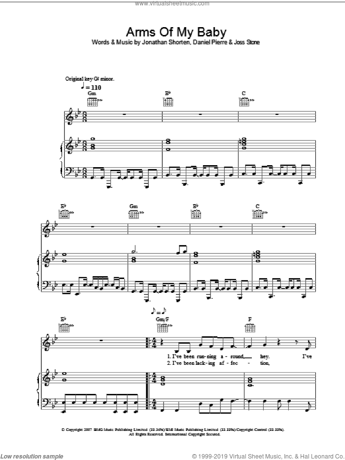 Arms Of My Baby sheet music for voice, piano or guitar by Joss Stone, Daniel Pierre and Jonathan Shorten, intermediate skill level