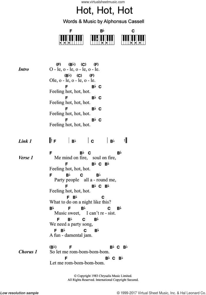 Hot Hot Hot sheet music for piano solo (chords, lyrics, melody) by Arrow and Alphonsus Cassell, intermediate piano (chords, lyrics, melody)
