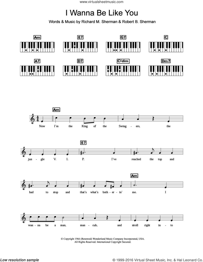 I Wanna Be Like You (from The Jungle Book) sheet music for piano solo (chords, lyrics, melody) by Louis Prima, Richard M. Sherman and Robert B. Sherman, intermediate piano (chords, lyrics, melody)