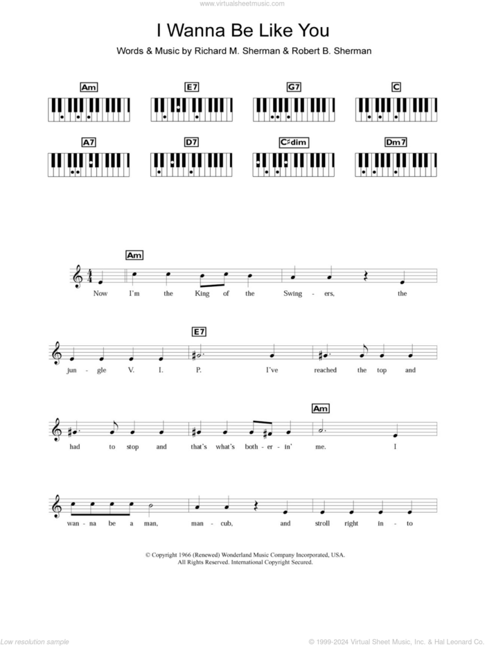 I Wanna Be Like You (from The Jungle Book) sheet music for piano solo (chords, lyrics, melody) by Louis Prima, Richard M. Sherman and Robert B. Sherman, intermediate piano (chords, lyrics, melody)