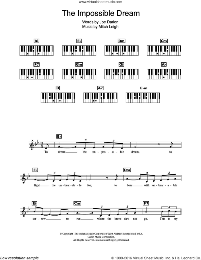 The Impossible Dream (from Man Of La Mancha) sheet music for piano solo (chords, lyrics, melody) by Andy Williams, Joe Darion and Mitch Leigh, intermediate piano (chords, lyrics, melody)