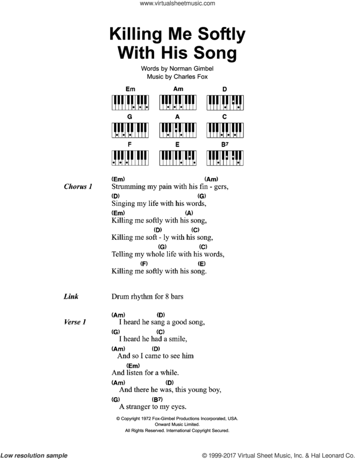 Killing Me Softly sheet music for piano solo (chords, lyrics, melody) by Norman Gimbel, The Fugees and Charles Fox, intermediate piano (chords, lyrics, melody)