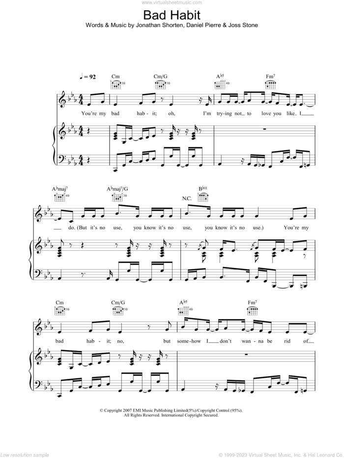 Bad Habit sheet music for voice, piano or guitar by Joss Stone, Daniel Pierre and Jonathan Shorten, intermediate skill level