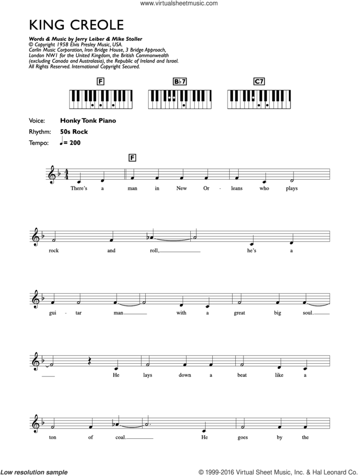 King Creole sheet music for piano solo (chords, lyrics, melody) by Elvis Presley, Jerry Leiber and Mike Stoller, intermediate piano (chords, lyrics, melody)