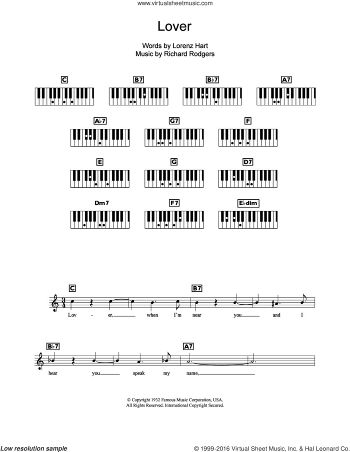 Lover sheet music for piano solo (chords, lyrics, melody) by Richard Rodgers and Lorenz Hart, intermediate piano (chords, lyrics, melody)