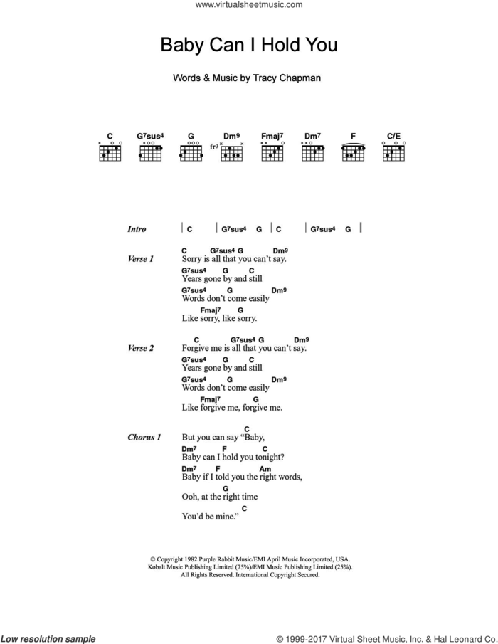Baby Can I Hold You sheet music for guitar (chords) by Boyzone and Tracy Chapman, intermediate skill level