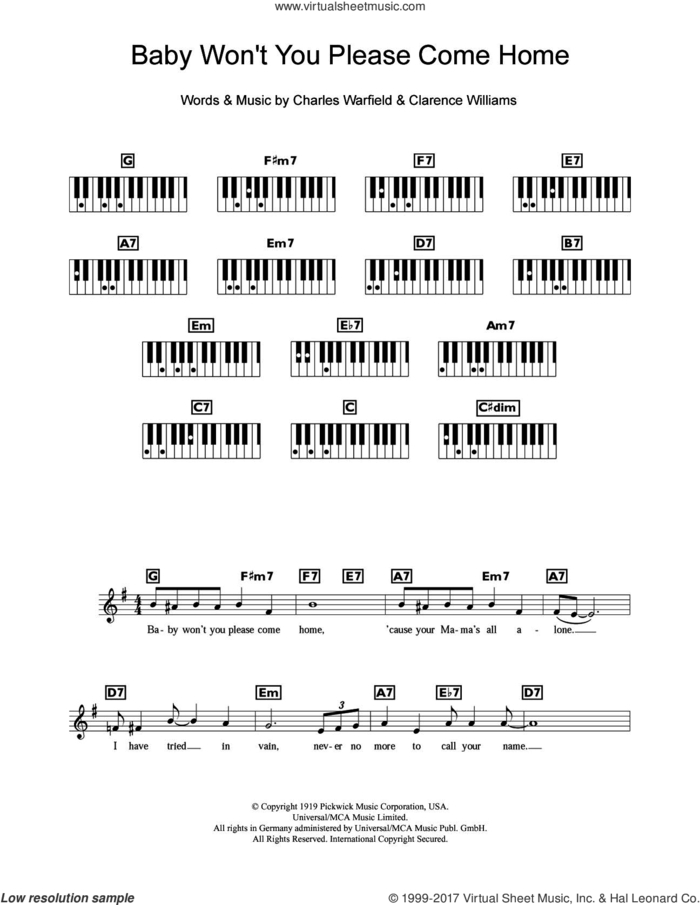 Baby Won't You Please Come Home sheet music for piano solo (chords, lyrics, melody) by Bessie Smith, Charles Warfield and Clarence Williams, intermediate piano (chords, lyrics, melody)