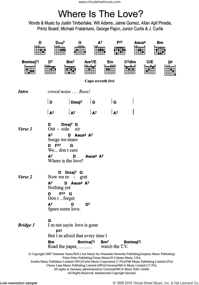 Where Is The Love? sheet music for guitar (chords) by Justin Timberlake, Black Eyed Peas, Allan Apll Pineda, George Pajon, Jaime Gomez, Junior Curtis, Michael Fratantuno, Printz Board and Will Adams, intermediate skill level