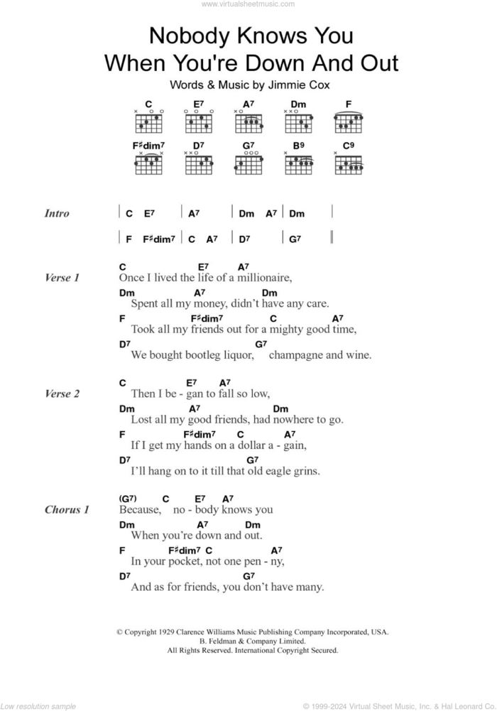 Nobody Knows You When You're Down And Out sheet music for guitar (chords) by Eric Clapton and Jimmie Cox, intermediate skill level