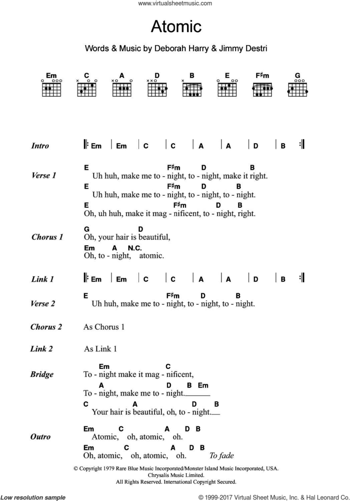 Atomic sheet music for guitar (chords) by Blondie, Deborah Harry and Jimmy Destri, intermediate skill level