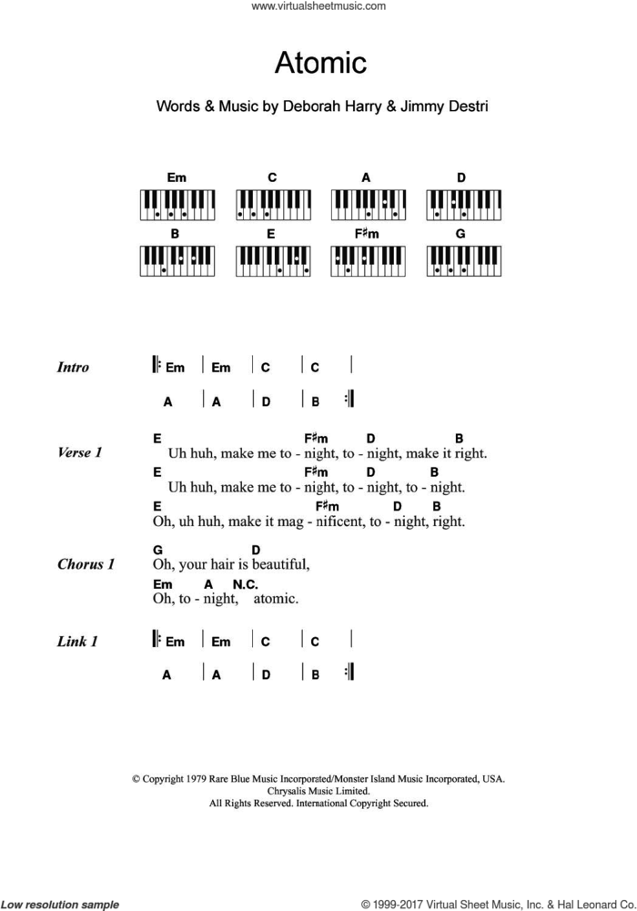 Atomic sheet music for piano solo (chords, lyrics, melody) by Blondie, Deborah Harry and Jimmy Destri, intermediate piano (chords, lyrics, melody)
