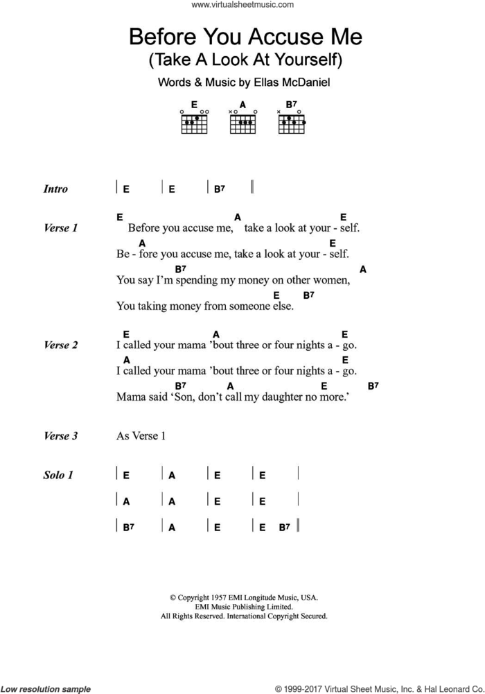 Before You Accuse Me (Take A Look At Yourself) sheet music for guitar (chords) by Eric Clapton and Ellas McDaniels, intermediate skill level
