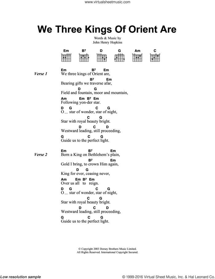 We Three Kings Of Orient Are sheet music for guitar (chords) by John H. Hopkins, Jr. and Miscellaneous, intermediate skill level