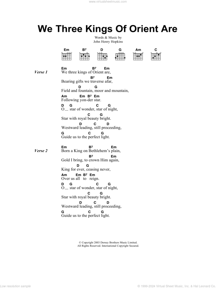 We Three Kings Of Orient Are sheet music for guitar (chords) by John H. Hopkins, Jr. and Miscellaneous, intermediate skill level