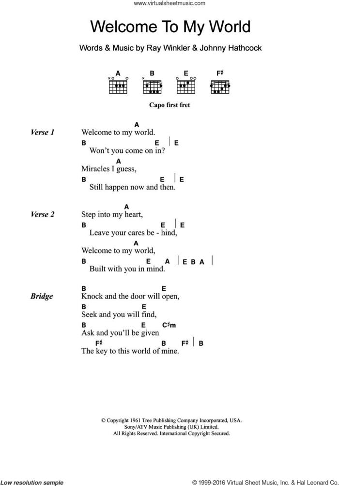 Welcome To My World sheet music for guitar (chords) by Jim Reeves, Johnny Hathcock and Ray Winkler, intermediate skill level