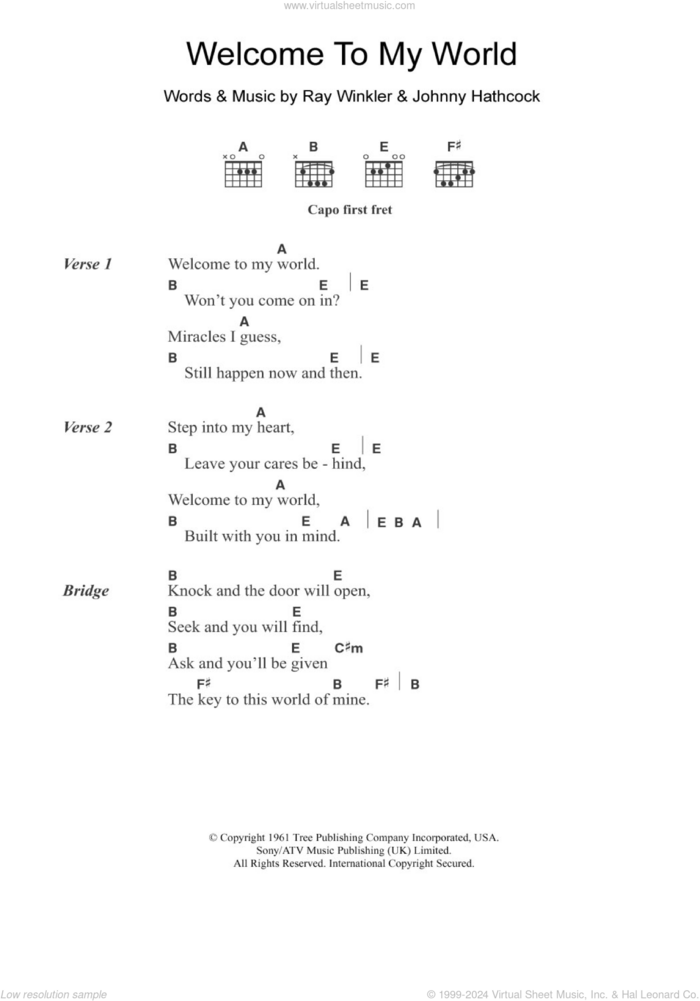 Welcome To My World sheet music for guitar (chords) by Jim Reeves, Johnny Hathcock and Ray Winkler, intermediate skill level