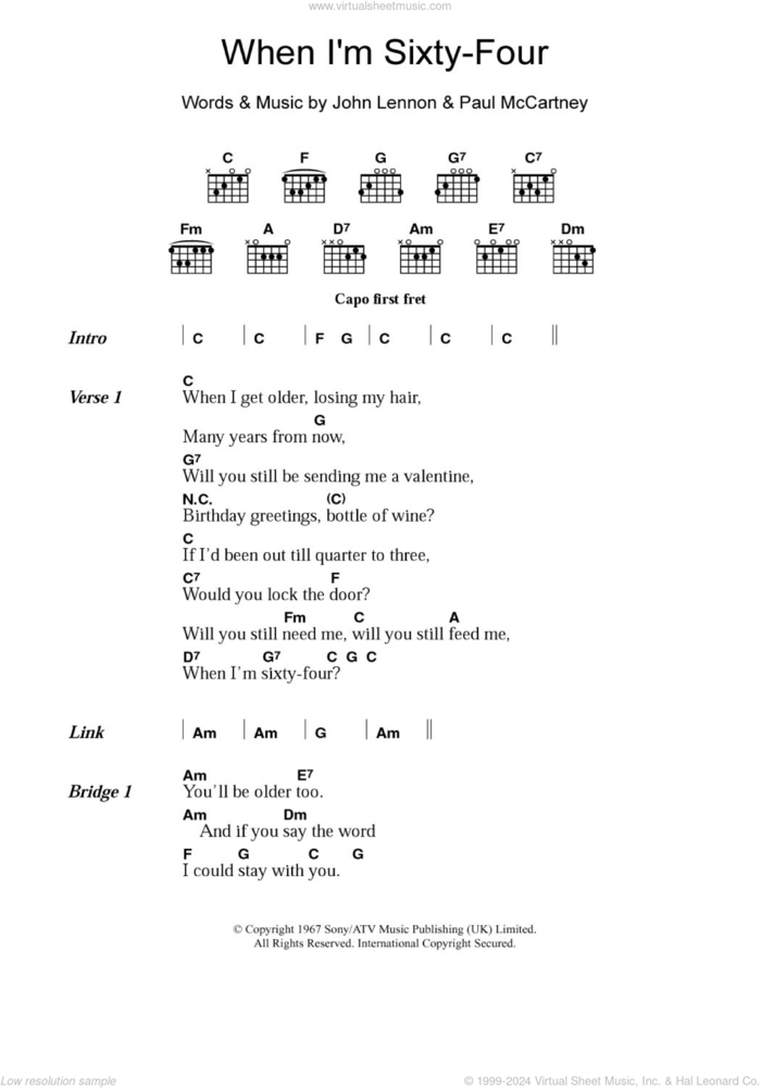 When I'm Sixty-Four sheet music for guitar (chords) by The Beatles, Paul McCartney and John Lennon, intermediate skill level